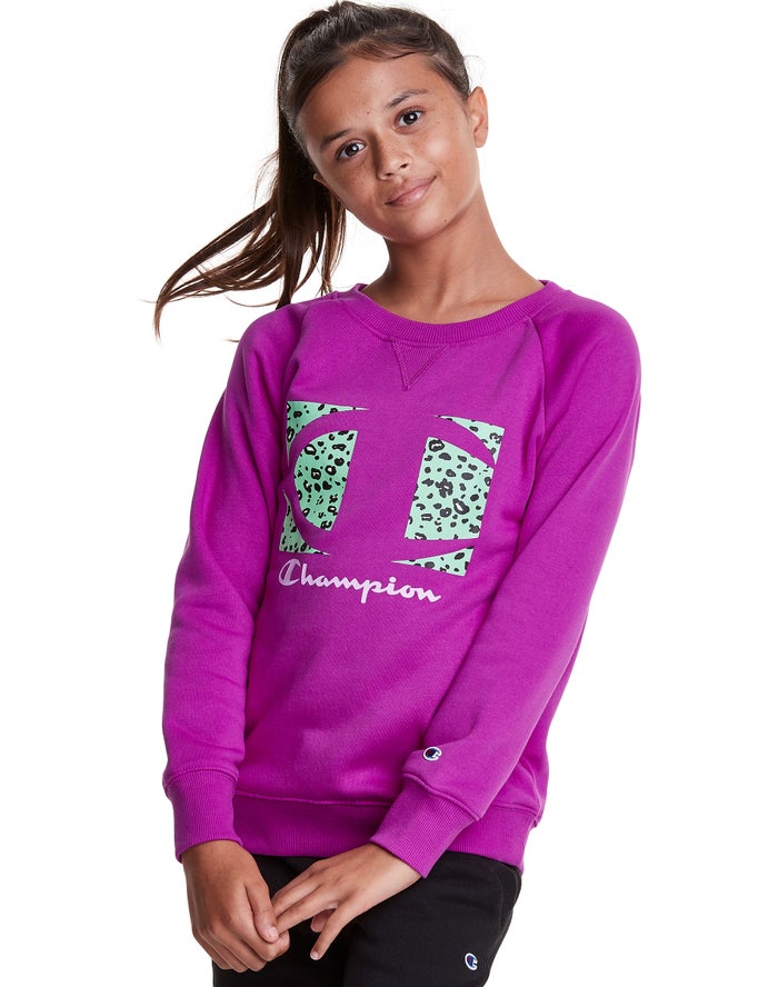 Champion Fleece Raglan Crew Leopard Knockout Logo Hoodie Meisjes - Paars - Belgie 0761MWNJX